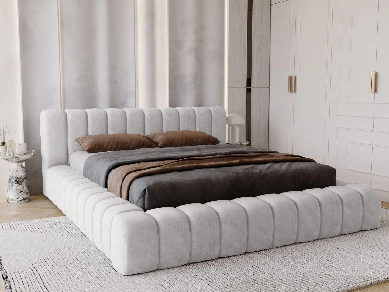 Łóżko tapicerowane z pojemnikiem na pościel i stelażem 160x200 Italia Jasnoszare