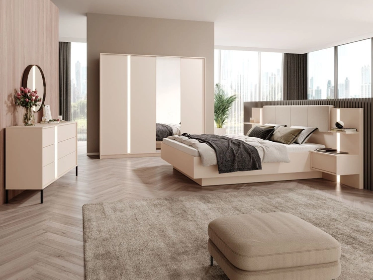 Łóżko drewniane szafkami nocnymi 160x200 Dego Beżowe