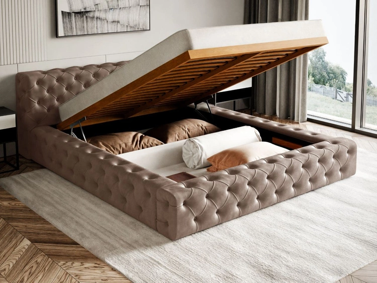 Łóżko tapicerowane z pojemnikiem i stelażem 180x200 cm Palini Brązowe