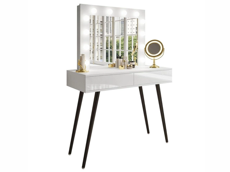 Toaletka kosmetyczna z szufladami, czarnymi nogami i oświetleniem LED Olivine biały połysk