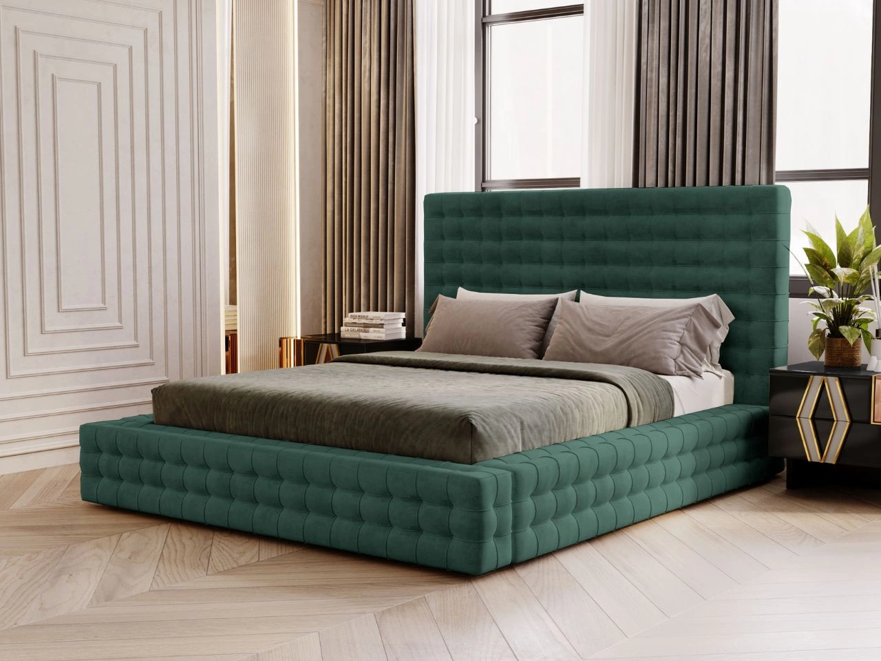Łóżko tapicerowane z pojemnikiem i stelażem 140x200 Barbados Zielone