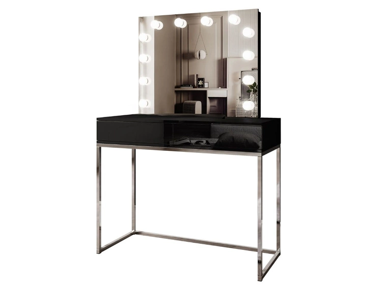 Toaletka glamour z szufladami, lustrem i oświetleniem LED Brisa czarny połysk