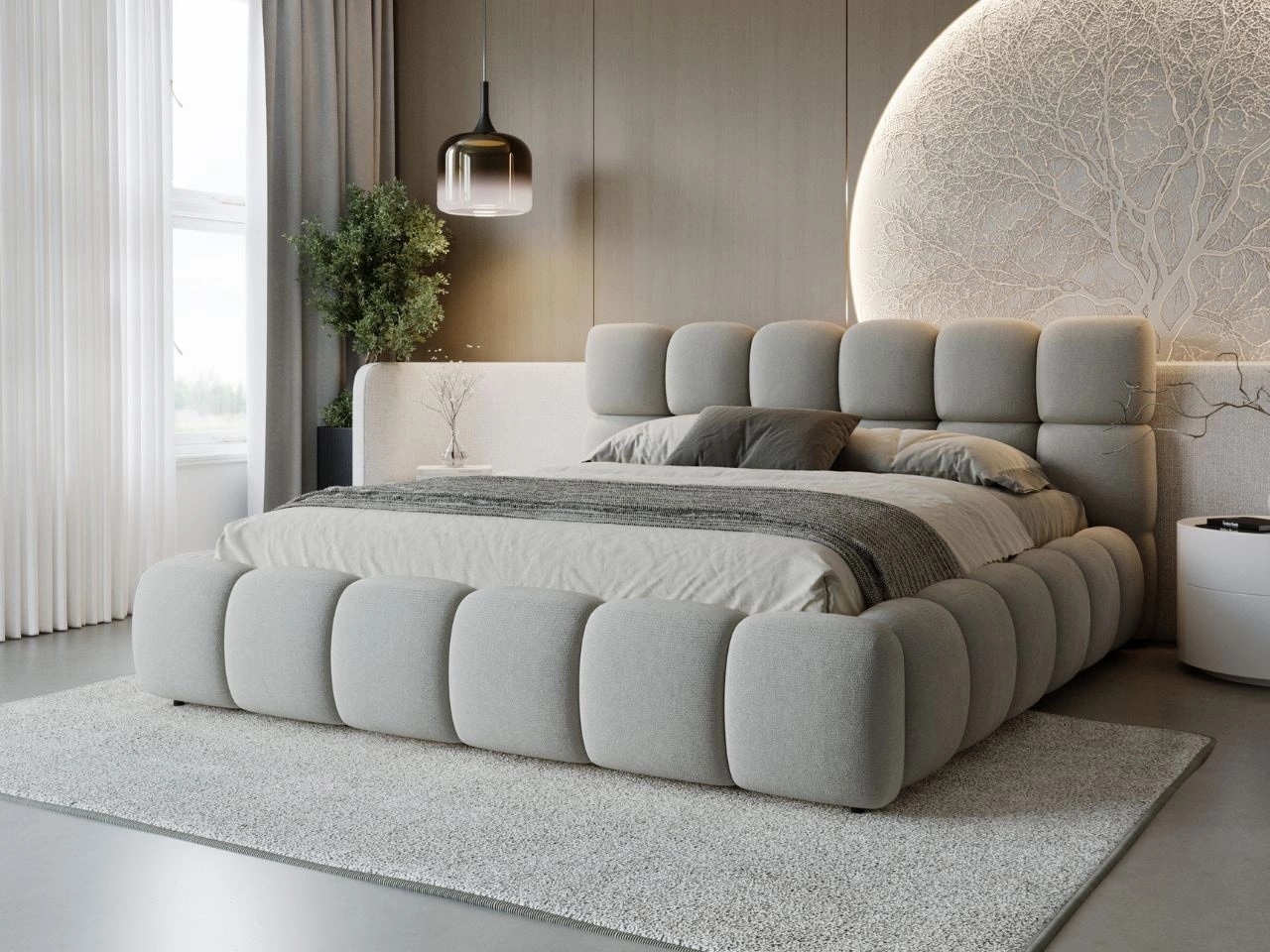 Łóżko tapicerowane z pojemnikiem i stelażem 200x200 Modo Szare