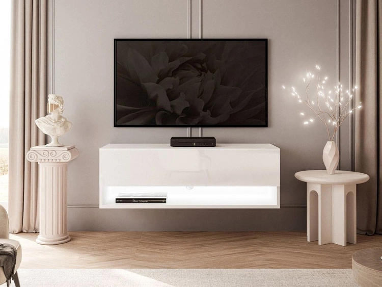 Szafka RTV wisząca 90 cm do salonu z oświetleniem LED Aurelie Biały połysk