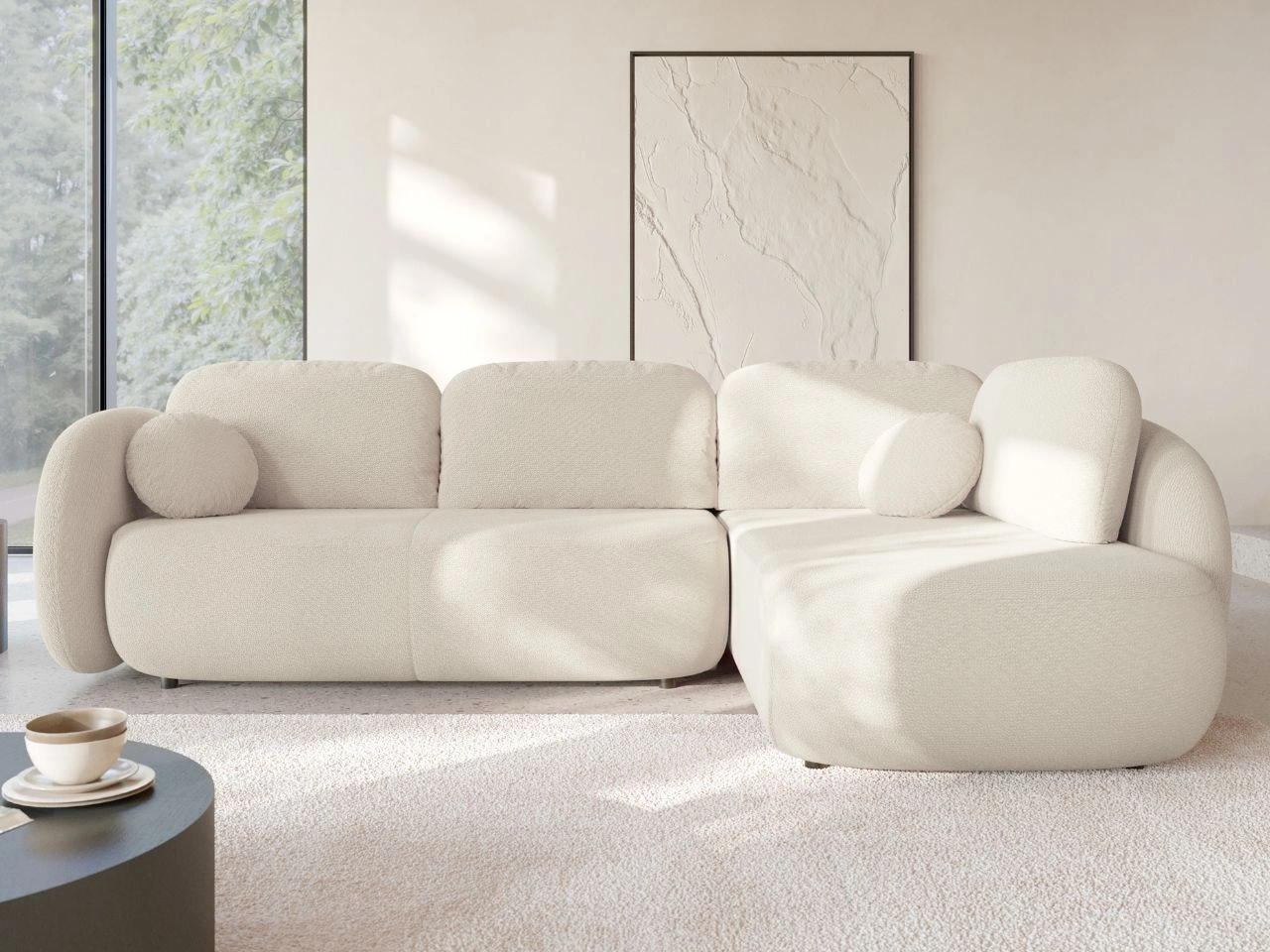 Narożnik z funkcją spania i pojemnikiem Prawy Carino Kremowy