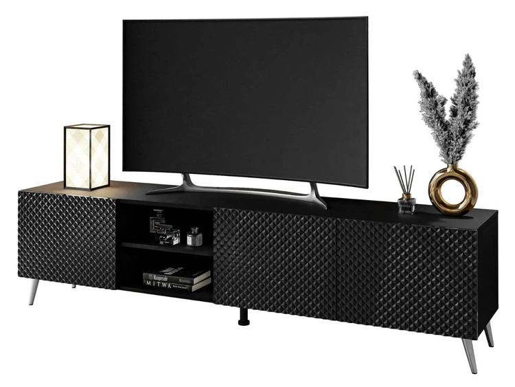 Szafka RTV z frezowanymi frontami 3D i metalowymi chromowanymi nóżkami Celiane czarny połysk