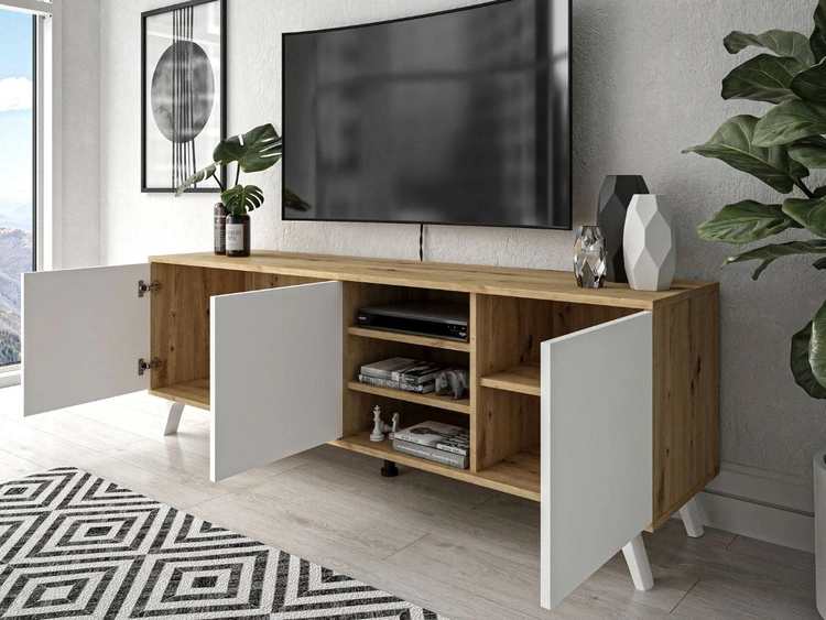 Szafka RTV pod telewizor z drzwiczkami i białymi nogami Vivance Biały i dąb artizan