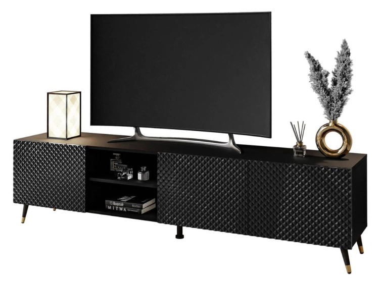 Szafka RTV z frezowanymi frontami 3D i metalowymi czarno-złotymi nóżkami Celiane czarny połysk