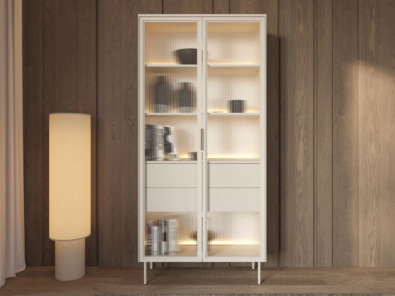Witryna szklana z szufladami i oświetleniem LED Lumina Kaszmirowa