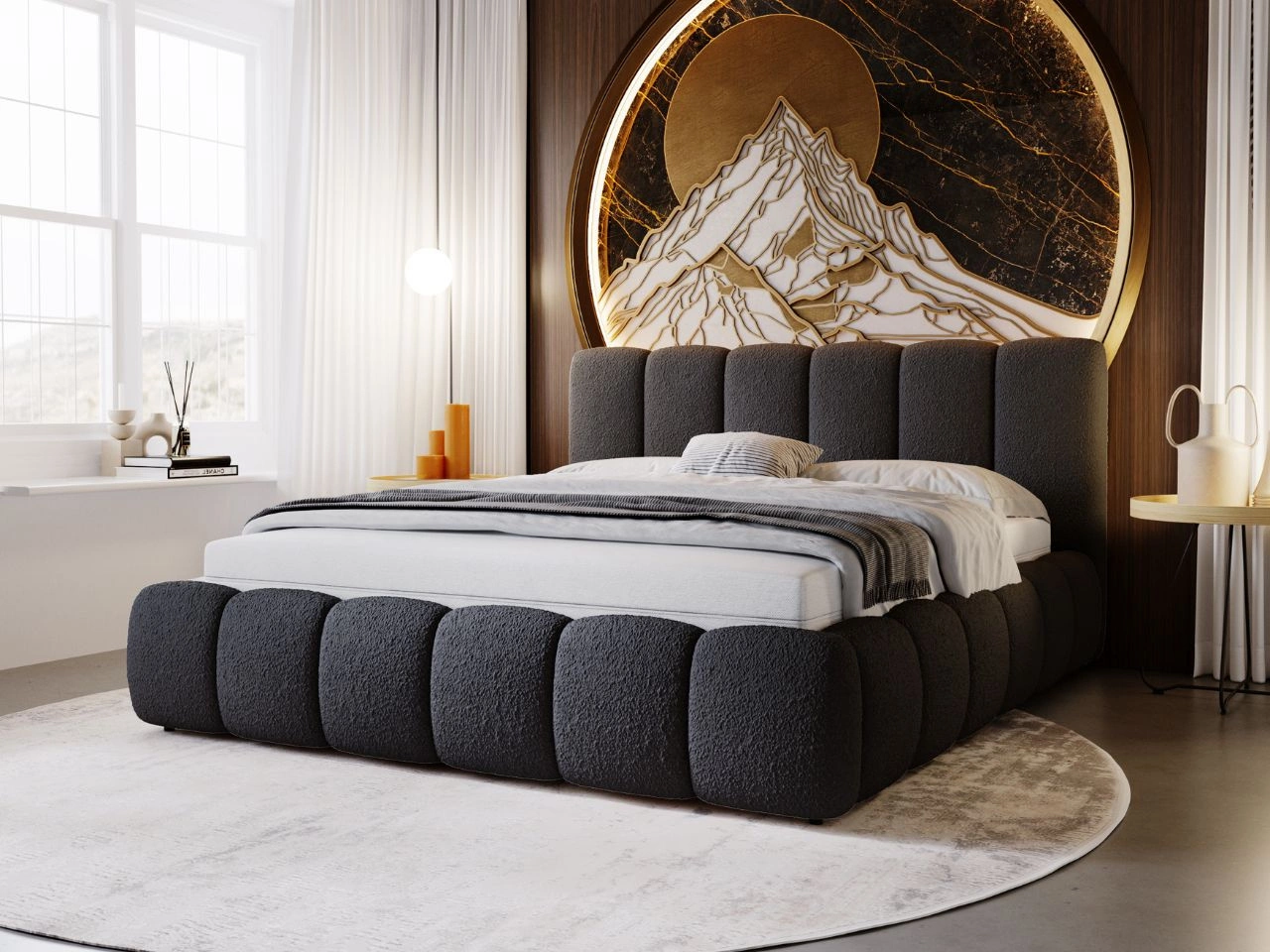 Łóżko tapicerowane bez pojemnika ze stelażem 200x200 Cloud w tkaninie bouclé Czarne