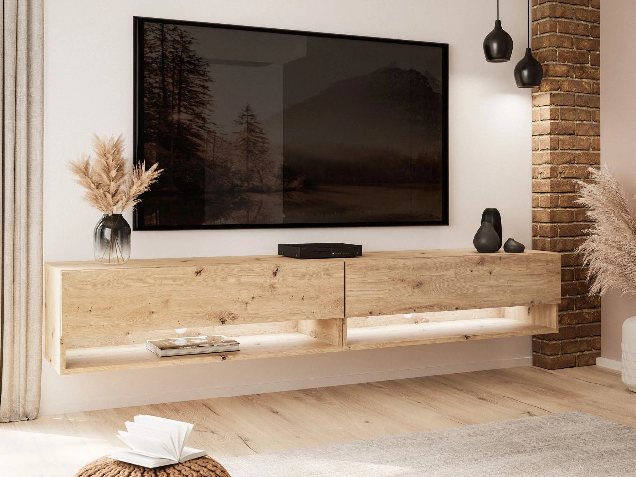 Szafka RTV wisząca 180 cm do salonu z oświetleniem LED Aurelie Dąb Artisan