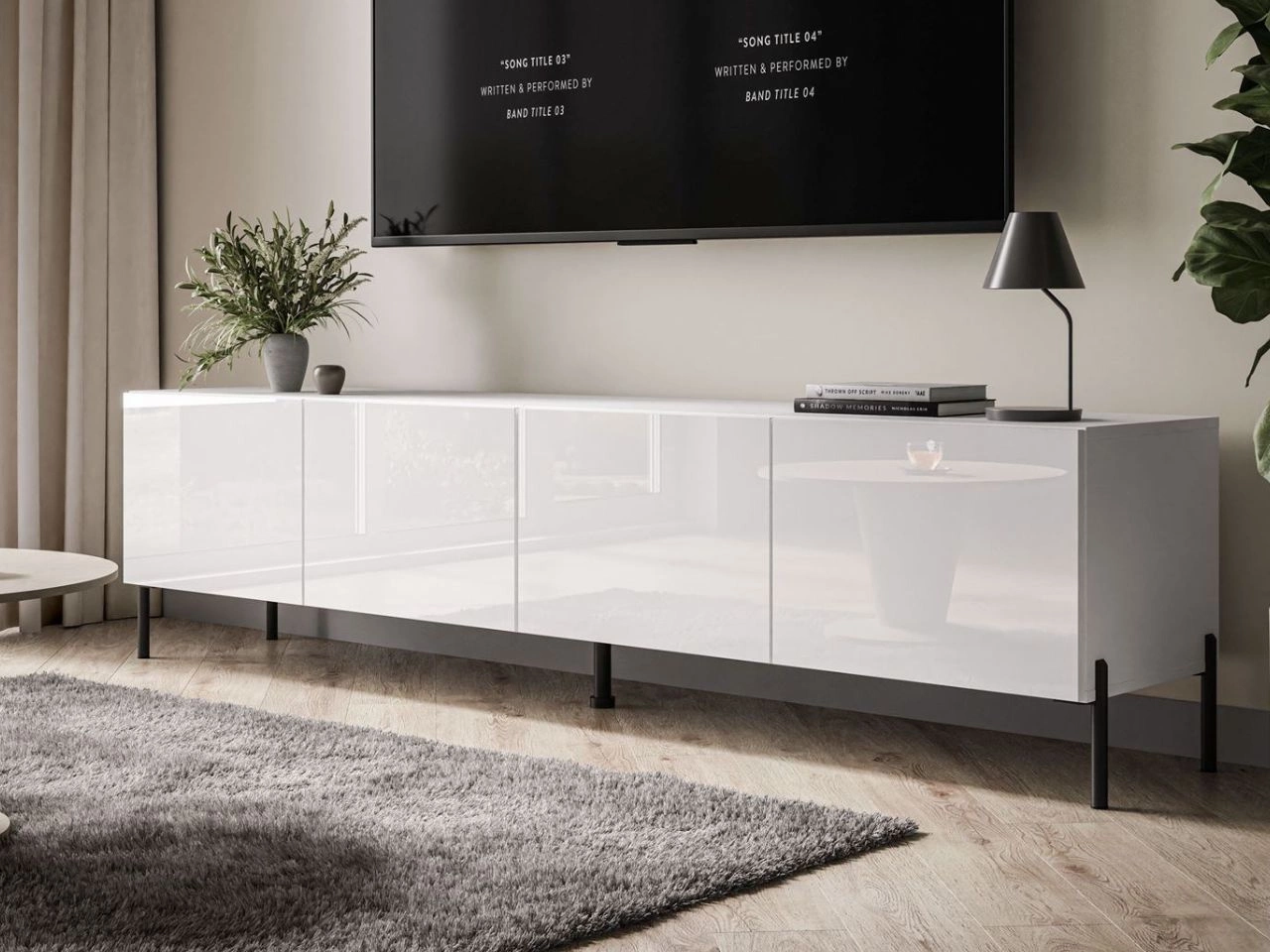 Szafka RTV pod telewizor z drzwiczkami na czarnych nóżkach 200 cm Nodoo Biały połysk