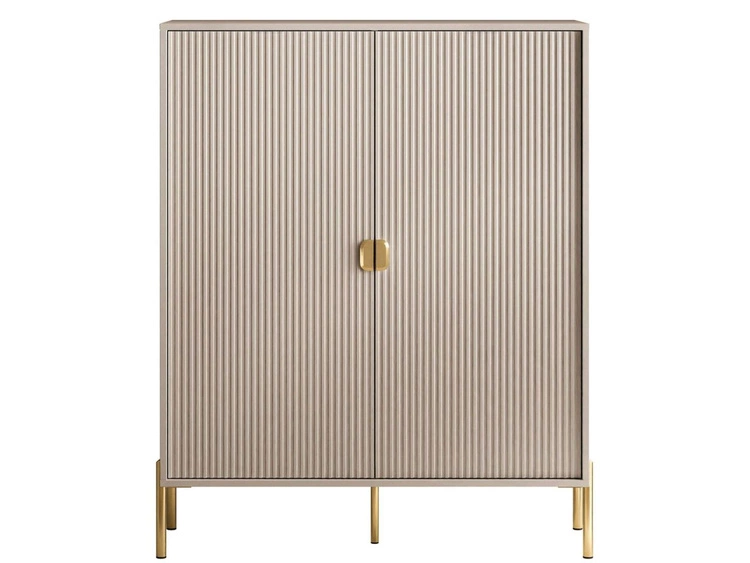 Wysoka komoda dwudrzwiowa ze złotymi uchwytami i nogami Orlean kaszmir mat