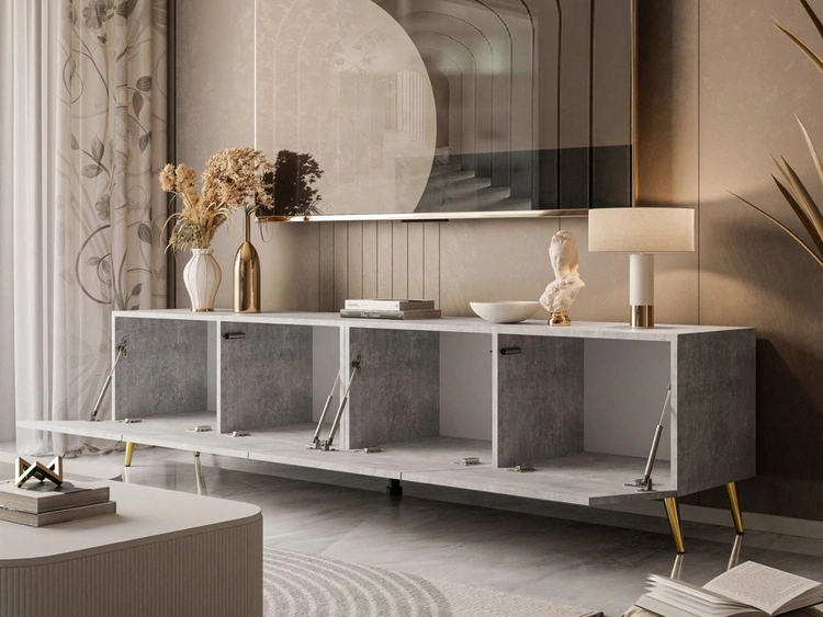 Szafka RTV pod telewizor z drzwiczkami na złotych nóżkach 200 cm Nodoo Beton