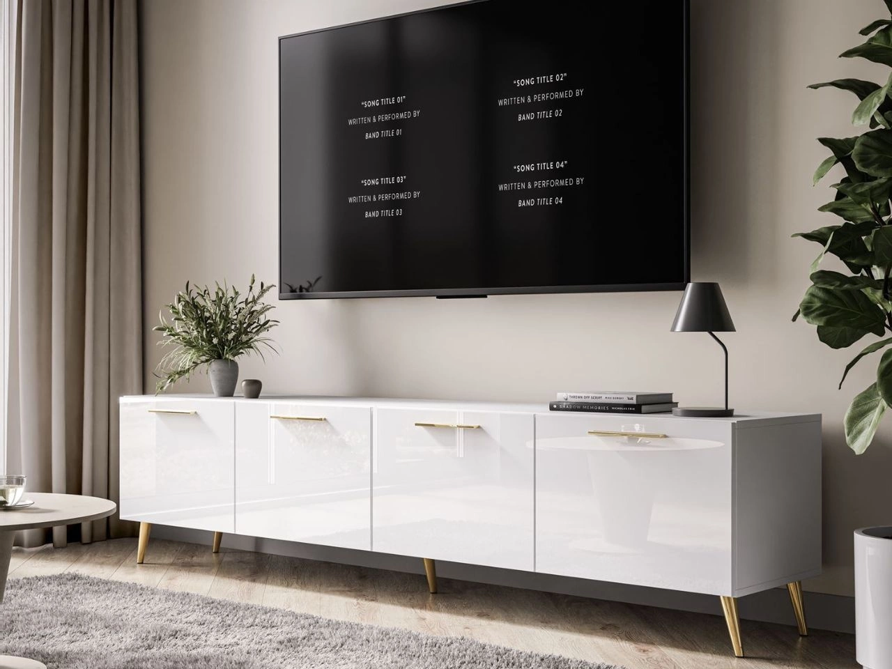 Szafka RTV pod telewizor z drzwiczkami na złotych nóżkach 200 cm Noaé Biały Połysk