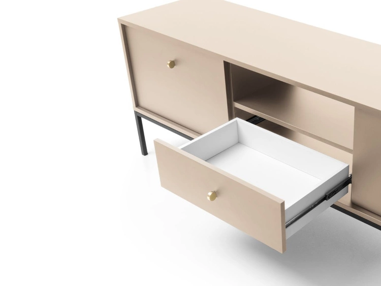 Szafka pod telewizor z szufladami i drzwiczkami na czarnych nóżkach Amor Beż piaskowy