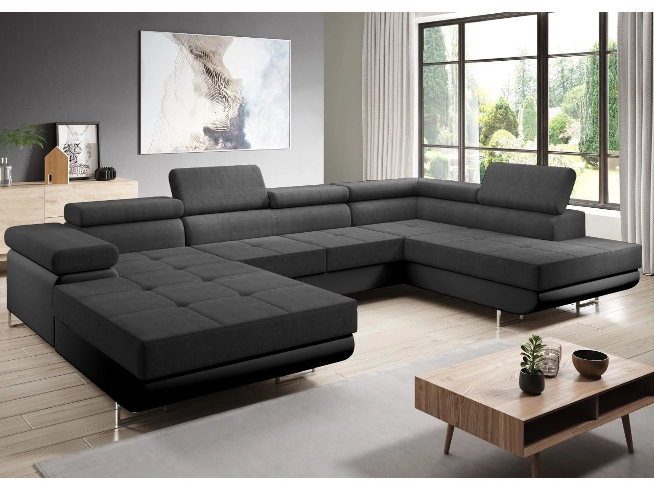 Narożnik U prawy z funkcją spania i pojemnikiem Solam U Czarny