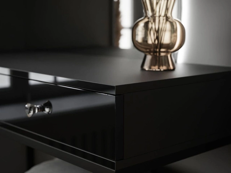 Toaletka kosmetyczna prawostronna z szufladami i oświetleniem LED na czarnych nogach Clarette Czarny połysk