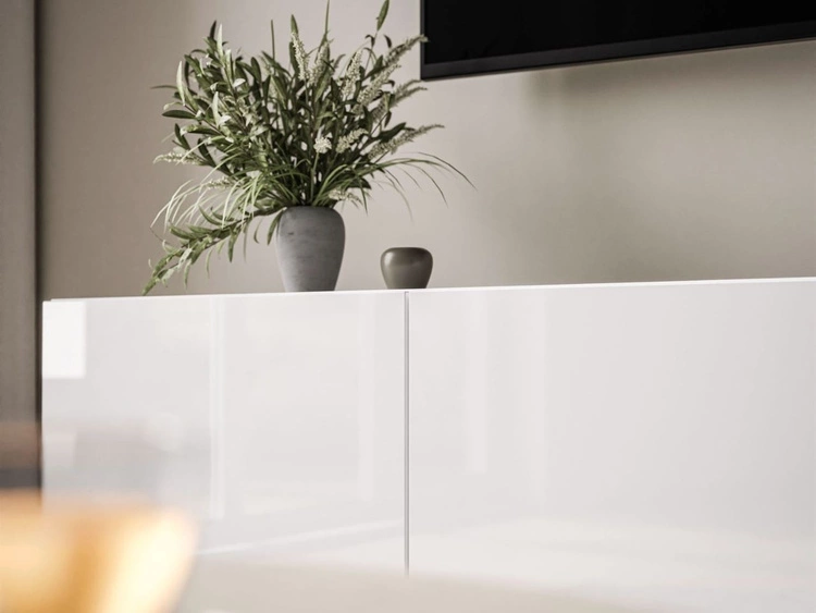 Szafka RTV pod telewizor z drzwiczkami na złotych nóżkach 200 cm Nodoo Biały połysk