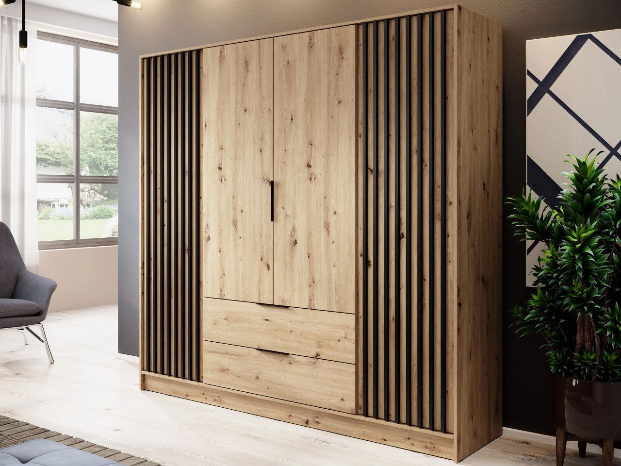 Szafa czterodrzwiowa z drzwiami uchylnymi 206 cm Macron Dąb Artisan z lamelami