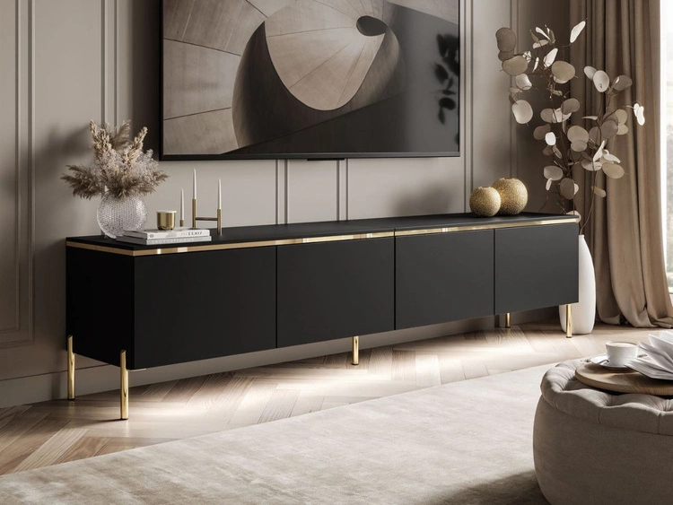 Szafka RTV w stylu glamour z oświetleniem LED Celle czarny mat