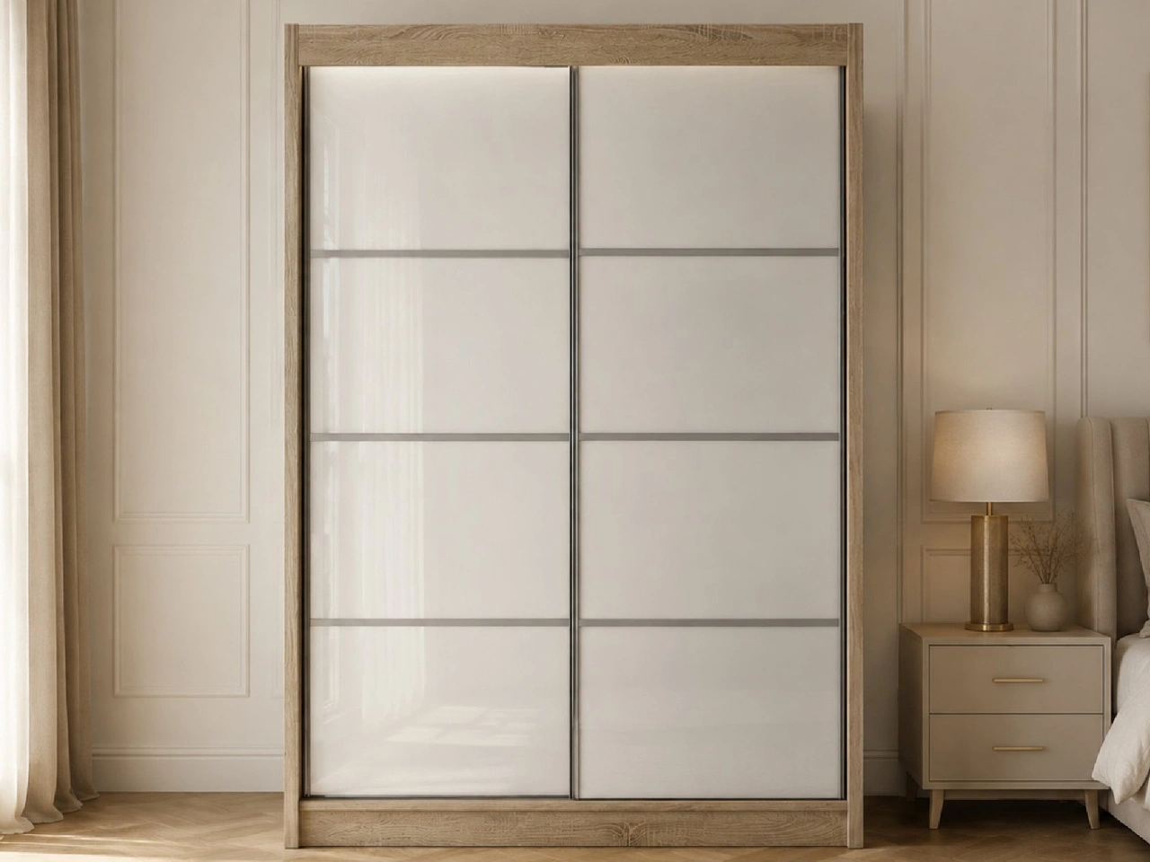 Szafa przesuwna ze szprosami 150 cm z oświetleniem LED Ponti Dąb Sonoma, Biała