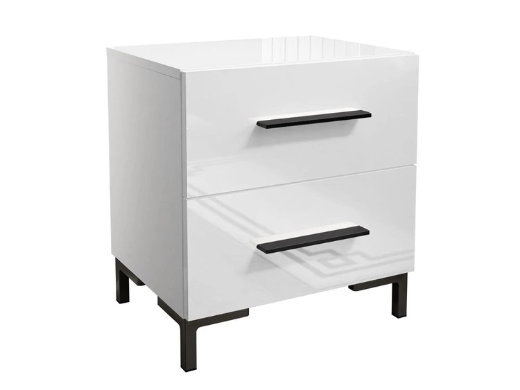 Stolik nocny z dwoma szufladami na czarnych nogach Nuveo Lux Biały Połysk