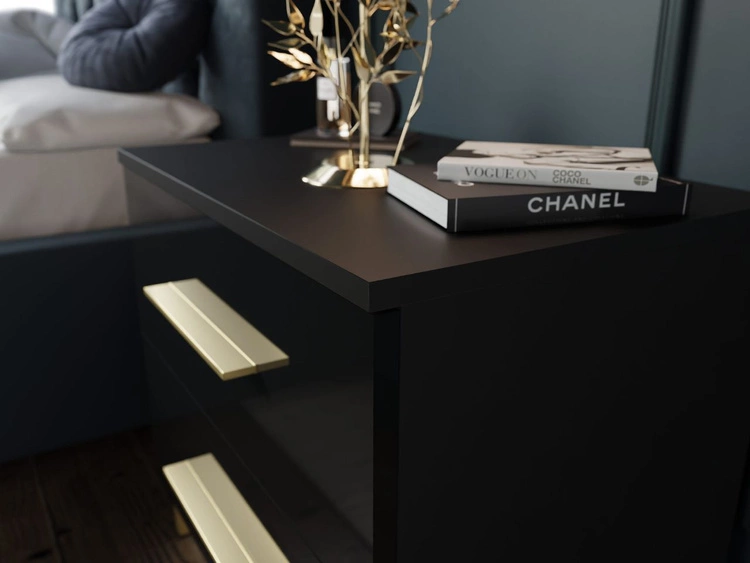 Stolik nocny z szufladami na złotych nogach Nuveo Czarny połysk