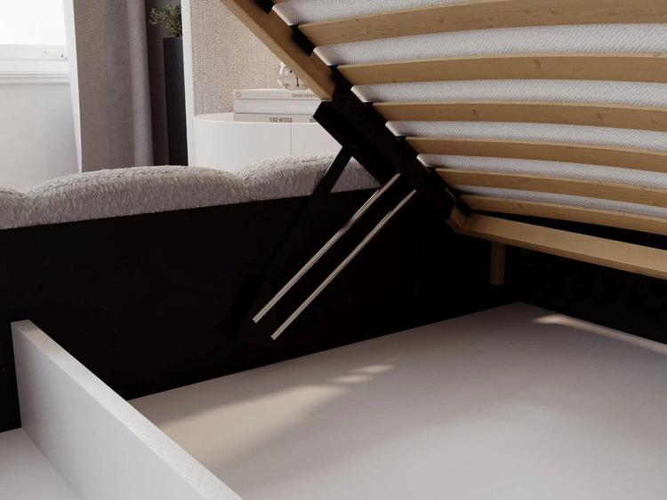 Łóżko tapicerowane z pojemnikiem na pościel i stelażem 160x200 Modo w tkaninie bouclé Szare