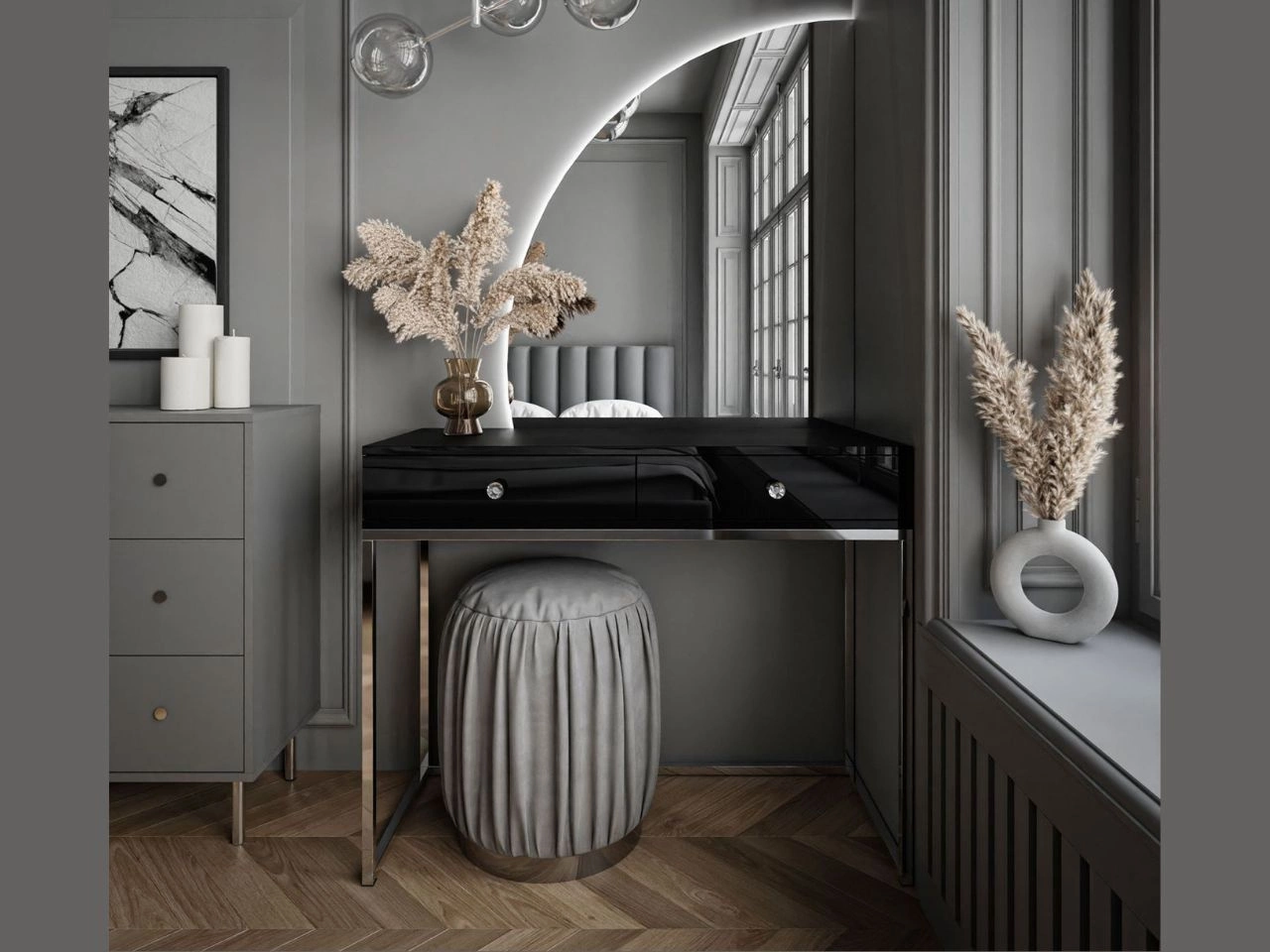 Toaletka kosmetyczna lewostronna z szufladami i oświetleniem LED na srebrnych nogach Clarette Czarny połysk
