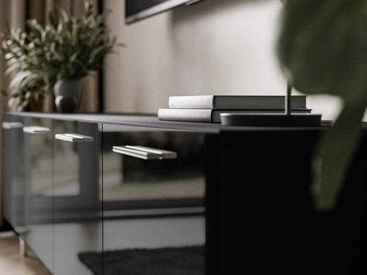 Szafka RTV pod telewizor z drzwiczkami na srebrnych nóżkach 200 cm Noaé Czarny Połysk