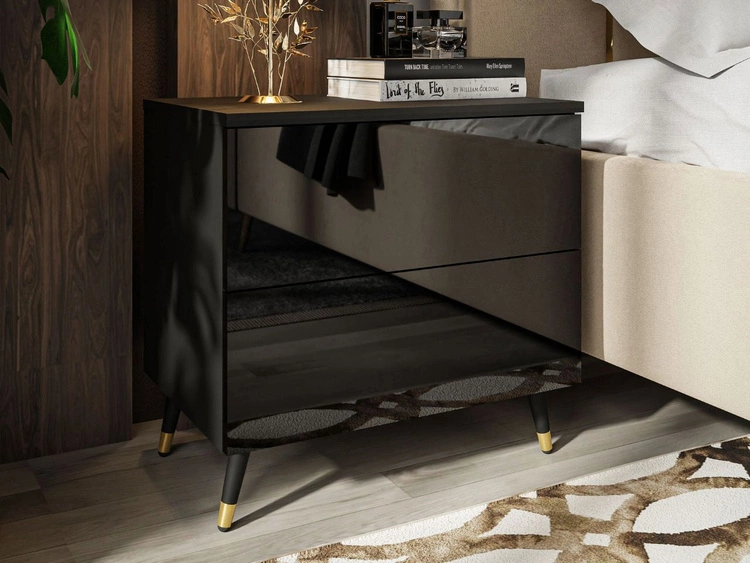 Stolik nocny z szufladami na czarno-złotych nogach Nuveo Czarny połysk
