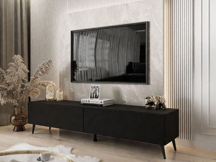Szafka RTV dwudrzwiowa na czarnych nóżkach 175 cm z oświetleniem LED Sorelle Czarny mat