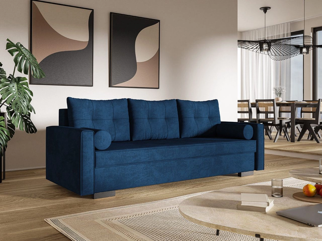 Kanapa z funkcją spania i pojemnikiem na pościel Pori granatowa