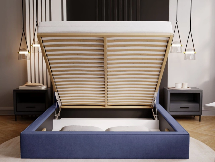 Łóżko tapicerowane z pojemnikiem i stelażem 120x200 Monaco Niebieskie