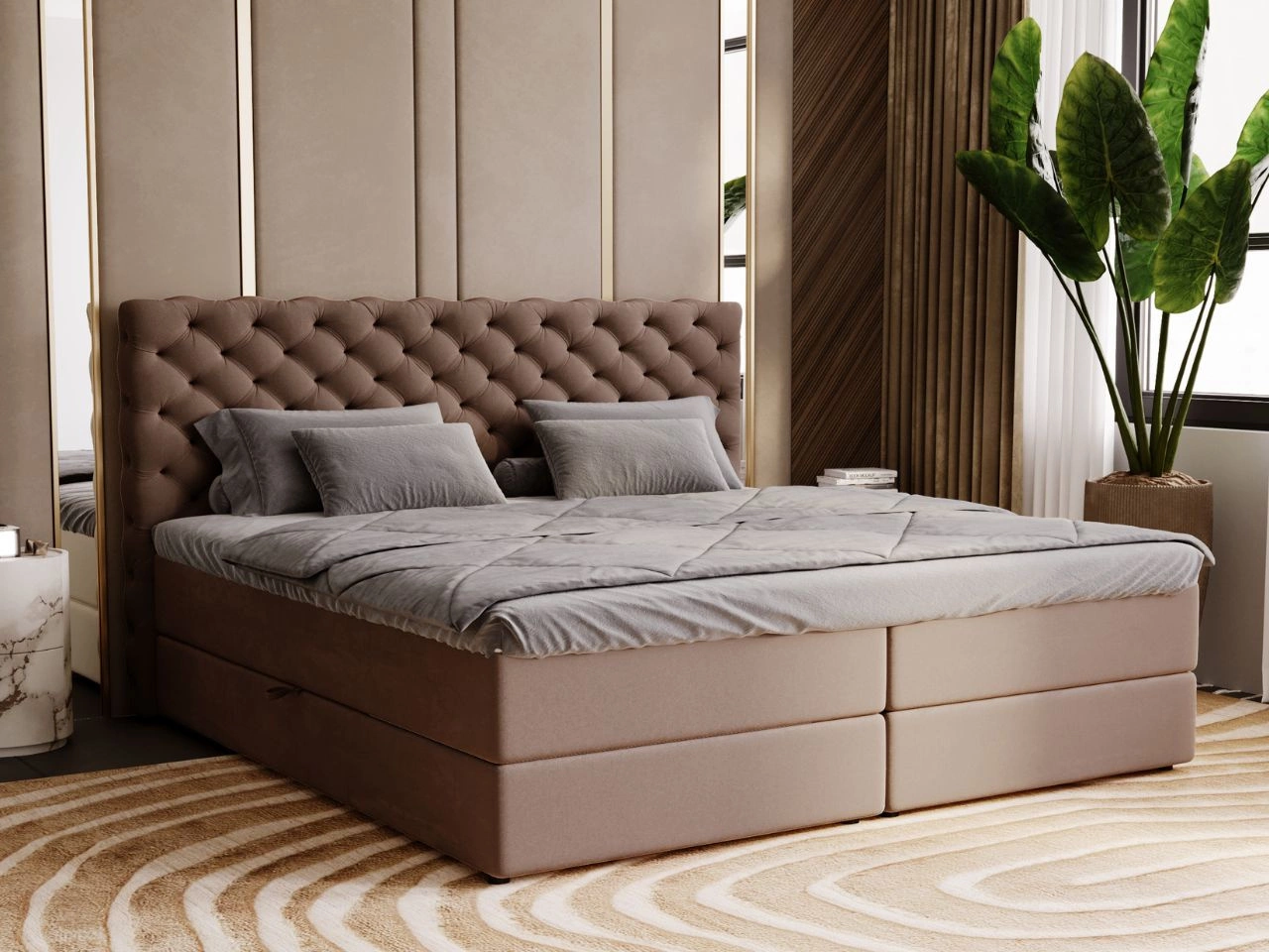 Łóżko kontynentalne z pojemnikiem na pościel 200x200 Bergamo brązowe