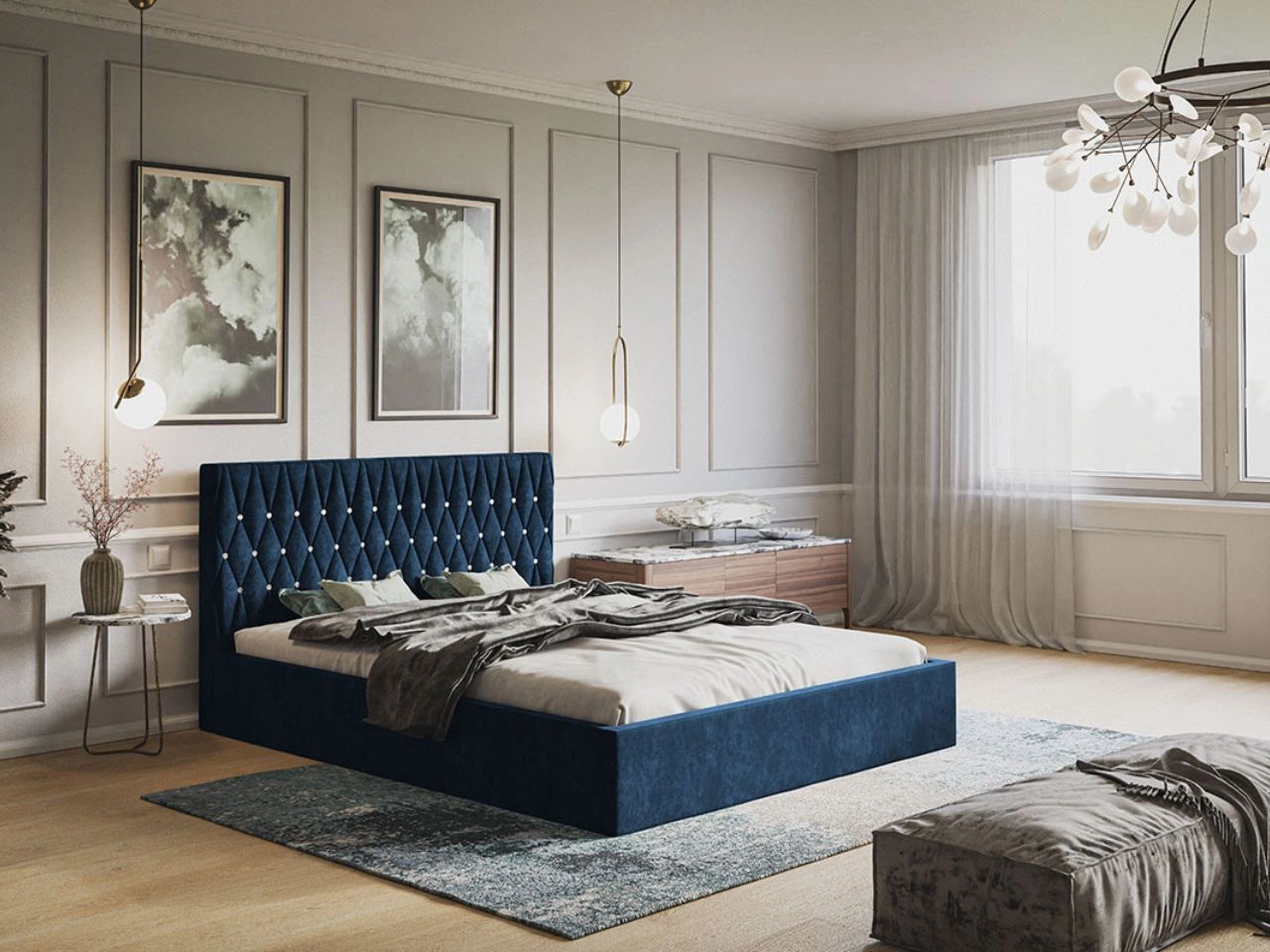 Łóżko tapicerowane z pojemnikiem i stelażem 140x200 Benny Ciemnoniebieskie