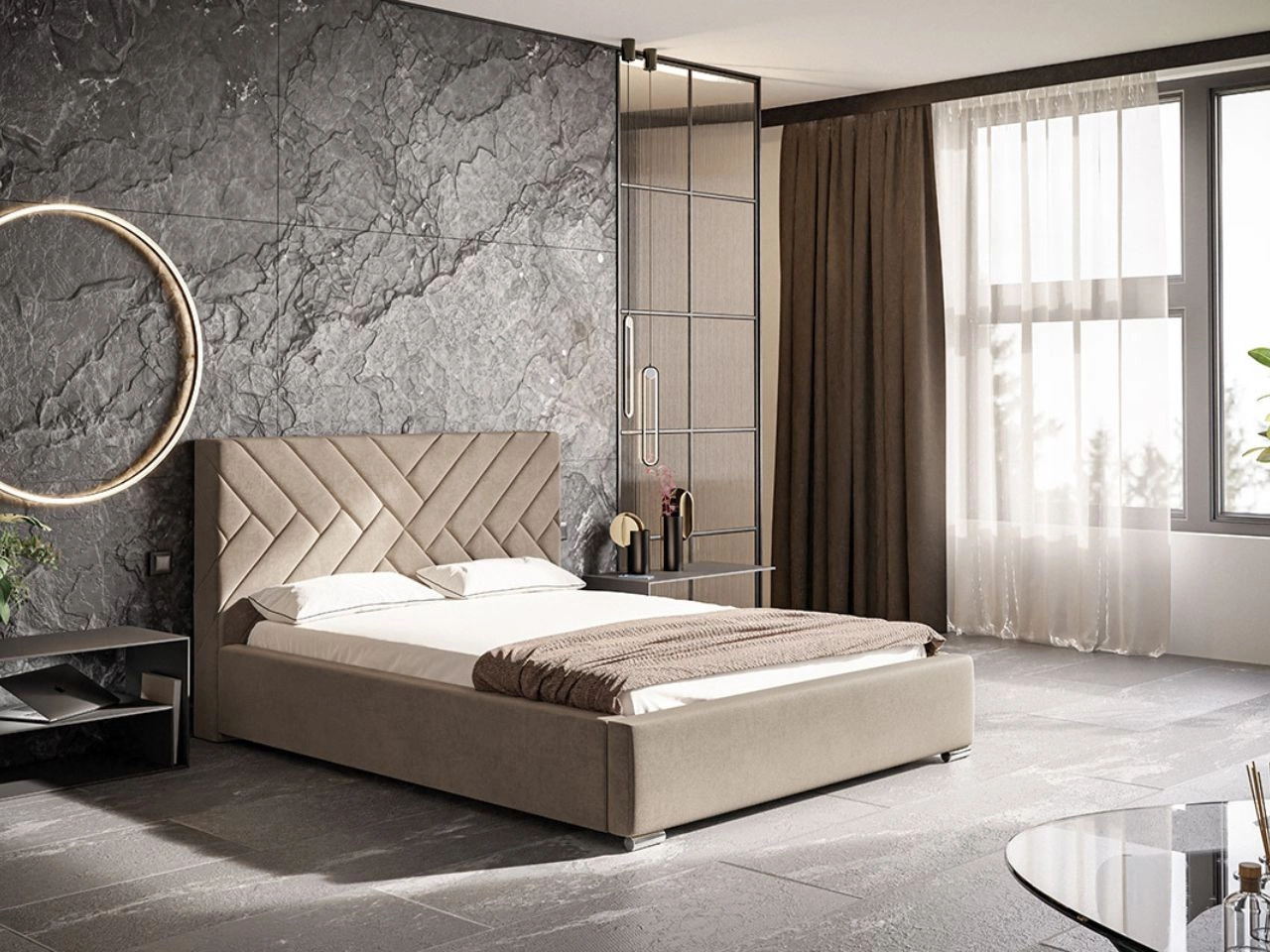 Łóżko tapicerowane z pojemnikiem i stelażem 140x200 Tonale Beżowe