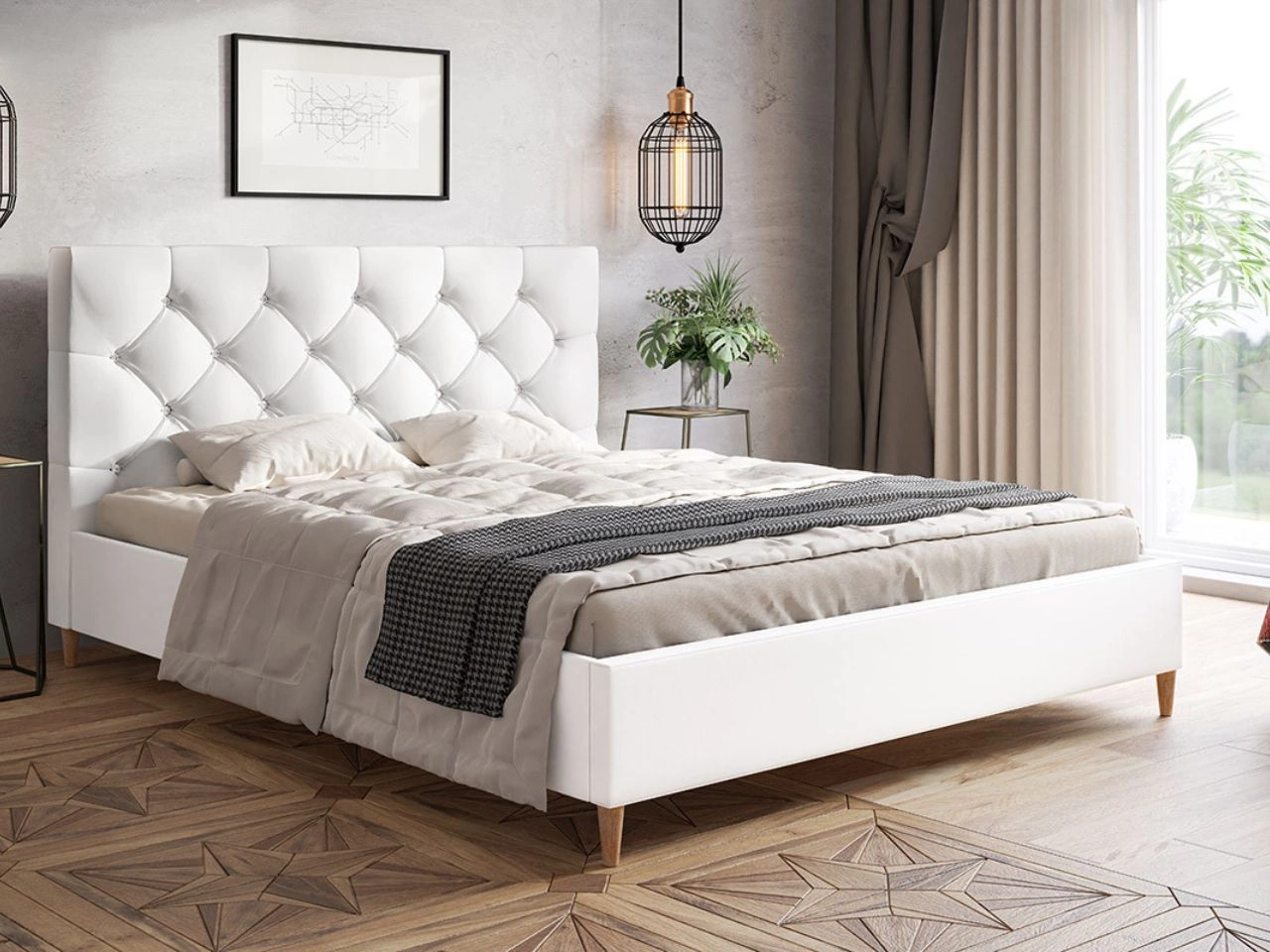 Łóżko tapicerowane ze stelażem 140x200 Tril Białe