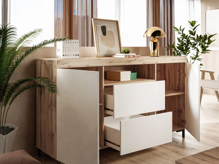 Zestaw mebli do salonu w loftowym stylu Asumi Biały i dąb wotan