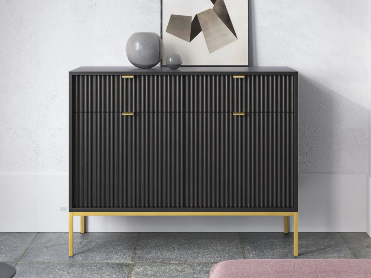 Komoda z drzwiami i szufladami Amber czarna na złotych nogach