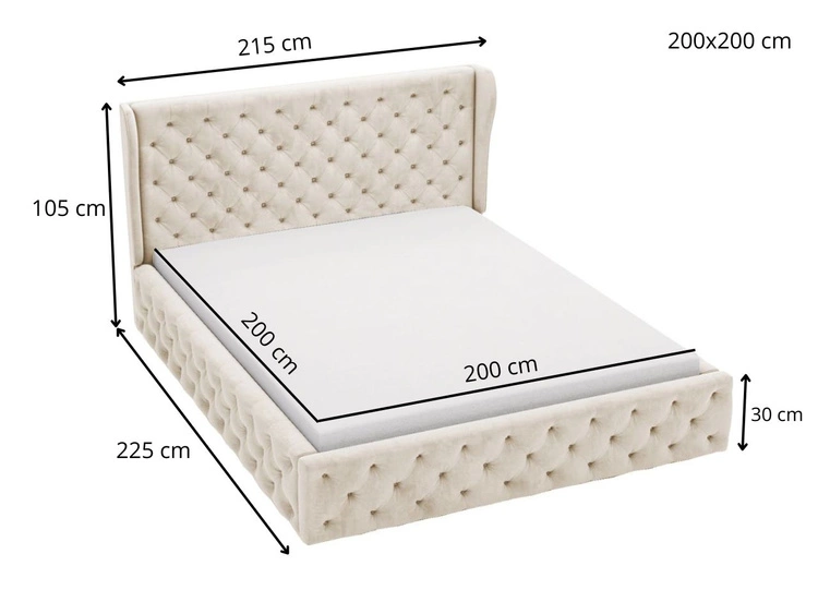 Łóżko tapicerowane z pojemnikiem na pościel i stelażem 200x200 Kingston Szare