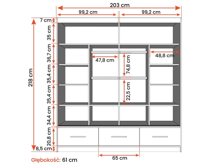 Szafa trzydrzwiowa z drzwiami przesuwnymi 203 cm Fiore Szara