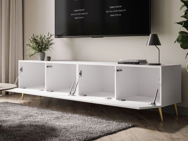 Szafka RTV pod telewizor z drzwiczkami na złotych nóżkach 200 cm Nodoo Biały połysk