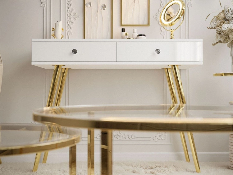 Konsola glamour z szufladami i kryształowymi uchwytami Olivine biały połysk