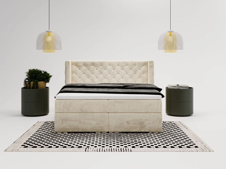 Łóżko kontynentalne z pojemnikiem na pościel 160x200 cm Lion Kremowe