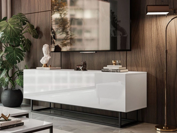 Szafka RTV pod telewizor z drzwiczkami na czarnym stelażu 150 cm Nodoo Biały połysk