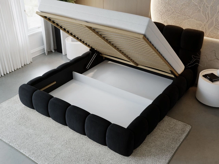 Łóżko tapicerowane z pojemnikiem i stelażem 200x200 Modo Czarne