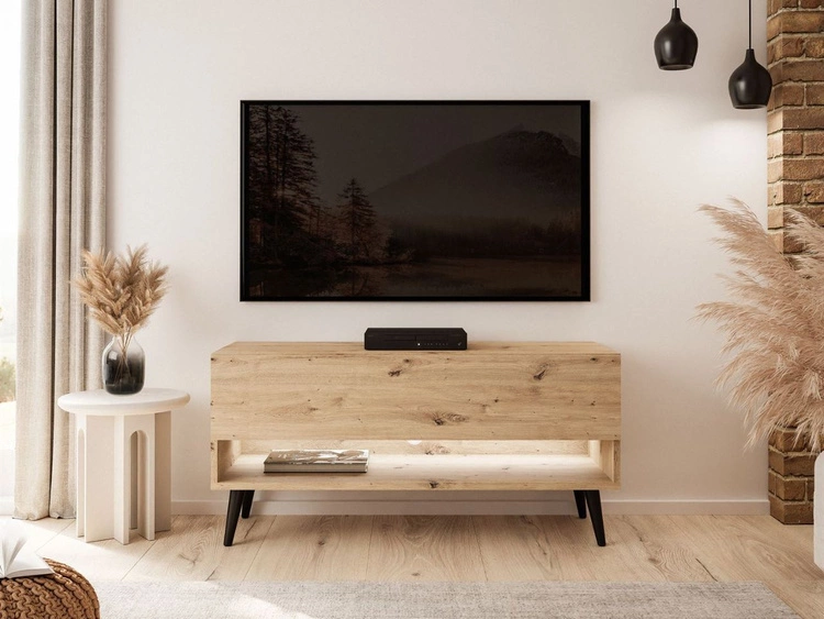 Szafka RTV 90 cm do salonu z oświetleniem LED i czarnymi nóżkami Aurelie Dąb Artisan