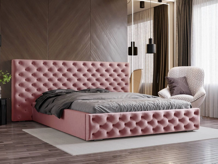 Łóżko chesterfield z szerokim zagłowiem 140x200 Madera Różowy